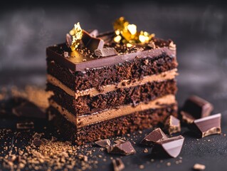Obraz premium Rich chocolate cake with layers of fudge, adorned with edible gold leaf and dark chocolate shards, cinematic shot, soft focus