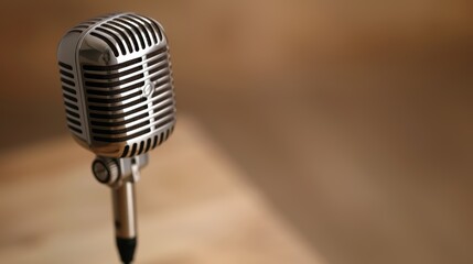 Fototapeta premium Shiny retro microphone on a wooden table, close-up shot with a blurred background, high-resolution, no people, space for text, focus cover all object, deep dept of field