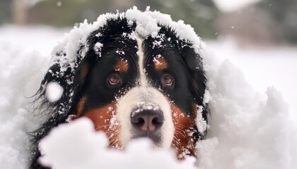 young Bernese mountain dog completely surrounded by snow , generated by AI. High quality photo