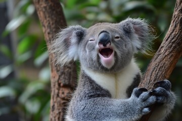Fototapeta premium Cute koala bear with mouth wide open, clinging on tree branch in a lush, green natural setting.