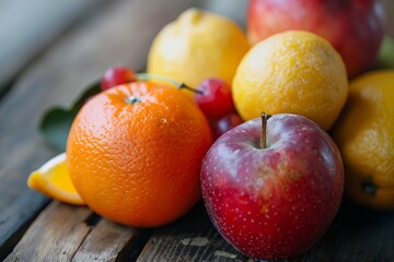 A close-up image of various fresh fruits, including apples and oranges, placed on a rustic wooden surface.