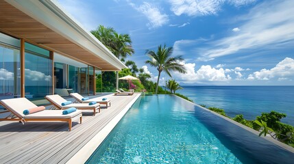 Fototapeta premium Modern Villa with Infinity Pool Overlooking the Ocean