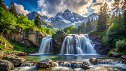 Cascading Mountain Waterfall in a Lush Green Forest