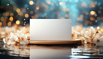 Blank white greeting card for custom message on top of floating wooden board with beautiful white flowers and bokeh background.