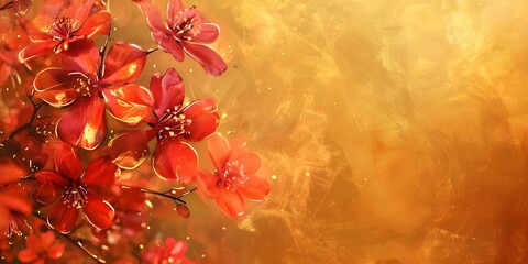 Red abstract flowers on golden background embodying Metamodernism in digital era. Concept Abstract Art, Red Flowers, Golden Background, Metamodernism, Digital Era