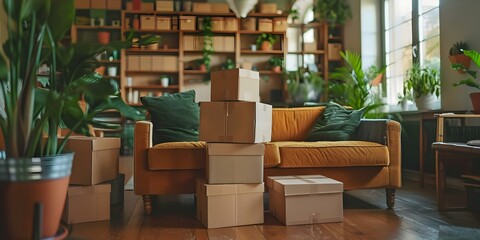Cardboard boxes stacked in living room of oldstyle house for relocation. Concept Relocation, Cardboard Boxes, Old-Style House, Moving Day, Packing Essentials