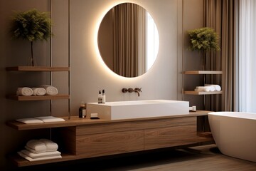 Contemporary bathroom showcasing a sleek vanity, round mirror, and freestanding bathtub