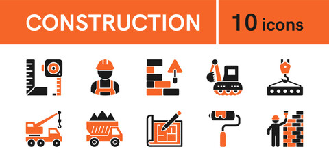 Building and construction solid icon set in flat style. Measurement, excavation, worker, engineering, vechicles vector illustration. Perfect for web and app interfaces, infographics, presentations