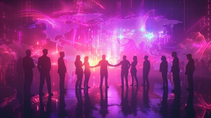 Naklejka premium Silhouettes of business professionals shaking hands against a digital world map, symbolizing global partnership