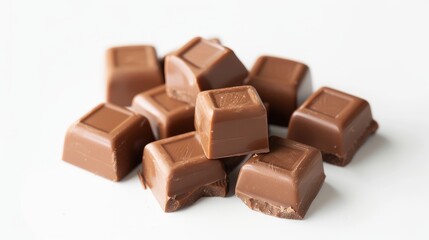 Close-up of Milk Chocolate Pieces on White Background, chocolate, candy, dessert, sweet