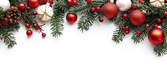 A Christmas tree decorations on a white background with empty space for insertion of another image. Copy space image. Place for adding text and design