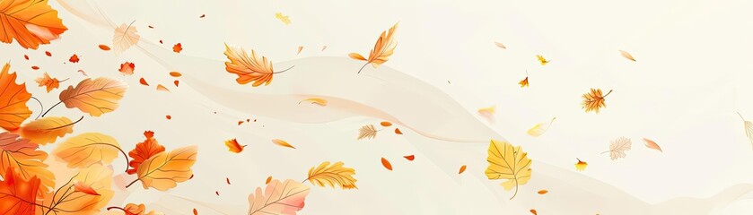 Fototapeta premium Autumn leaves falling gently in a serene, airy background, capturing the essence of fall with vibrant orange and yellow hues.