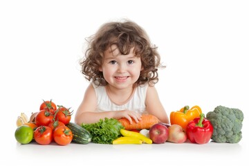 Smiling Child with Fresh Colorful Vegetables and Fruits on White Background