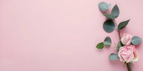 Fototapeta premium Pink rose and eucalyptus greeting card mockup on dusty pink background. Concept Greeting Card Mockup, Pink Rose, Eucalyptus, Dusty Pink Background