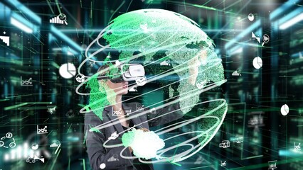 Woman selecting data dynamic market rotating green world distributing analysis by VR future global innovation interface digital infographic network technology virtual hologram animation. Contraption.