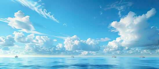 An ocean view with fluffy clouds and distant ships creating a peaceful scene with copy space image