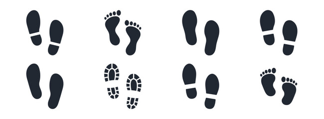 Human foot and shoe print icons set vector illustration isolated on white background.