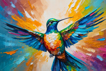 Fototapeta premium Colorful abstract portrait painting of a tropical exotic flying Hummingbird animal, nature theme concept texture design. 