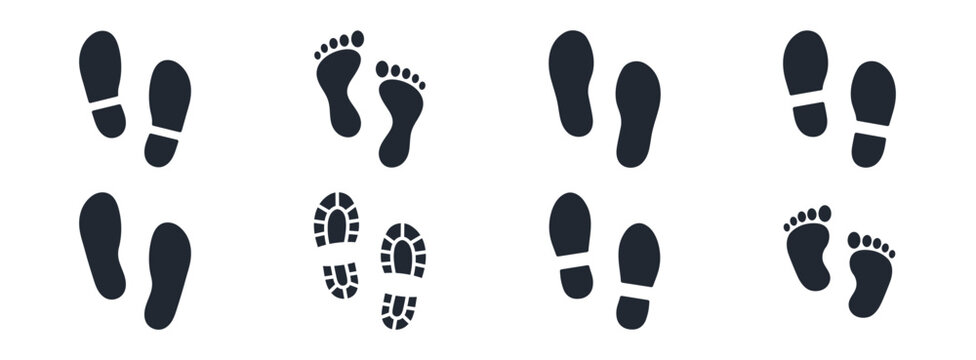 Human foot and shoe print icons set vector illustration isolated on white background.