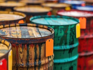 Colorful industrial barrels with tags, arranged in rows, showcasing vibrant patterns and industrial textures in an outdoor setting.