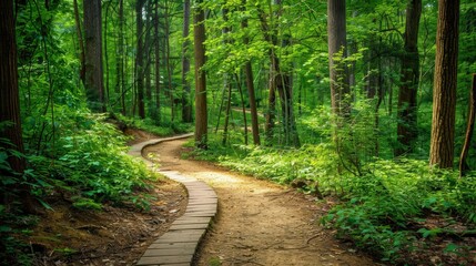 Fototapeta premium Footpath in a lush forest, inviting sustainable tourism and nature walks
