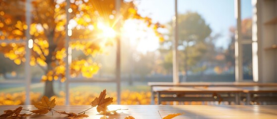 Sunlit autumn leaves scatter across an empty classroom desk, with a view of vibrant fall foliage outside the window.