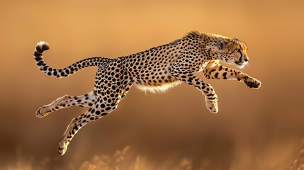 Obraz premium A stunning image of a cheetah in mid-air, gracefully leaping across a sunlit savannah landscape, showcasing its incredible speed and agility.