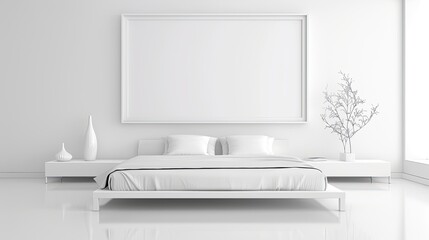 Modern minimalist bedroom with clean, white design and simple decor, including a bed and a framed picture on the wall.