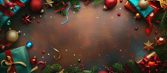 Top view holiday party invitation featuring vibrant New Year decorations Christmas ornaments and ample copy space image for greetings