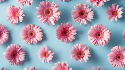 Pink Gerbera Daisies on Blue Background - Flat Lay, Floral Pattern