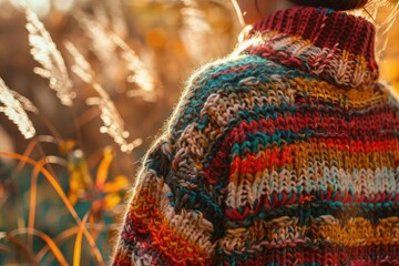 A person wearing a colorful knitted sweater stands outdoors, surrounded by warm, golden autumn light and field plants.