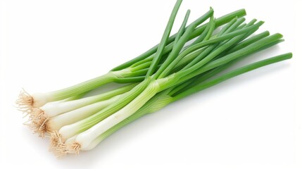 Fresh green onion stalks on a white background