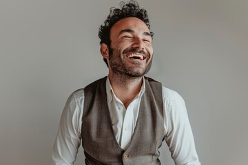 Fototapeta premium Portrait of a joyful man in his 30s dressed in a polished vest while standing against plain white digital canvas