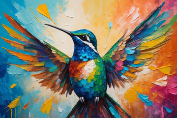 Obraz premium Colorful abstract portrait painting of a tropical exotic flying Hummingbird animal, nature theme concept texture design. 