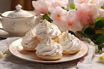 White Pink Meringue Cookies, Tea Cup and Flowers, Traditional Whisk Merengues, Baked Whisking Cream