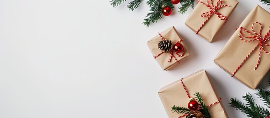 Christmas themed gift boxes set against a white background for copy space image