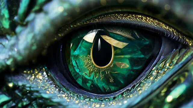 Vibrant close-up of a dragon's eye changing color from green to fiery orange. Detailed textures and lighting effects capture the mystical and enchanting transformation