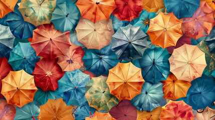 Naklejka premium Colorful umbrellas arranged in a seamless overhead pattern.