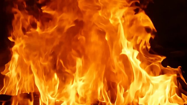 Intense burning fire with vibrant orange and yellow flames against a dark background. Capturing the beauty and power of raging flames in high detail