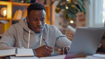 A student taking notes while attending an online class 