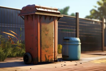 Naklejka premium Weathered rusty garbage bin next to a blue recycling bin on a sunny day
