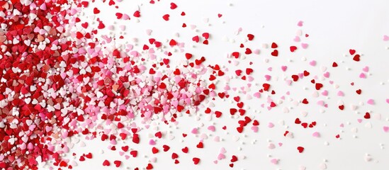 Fototapeta premium Horizontal copy space image featuring sweet pink and red heart sprinkles on a white backdrop