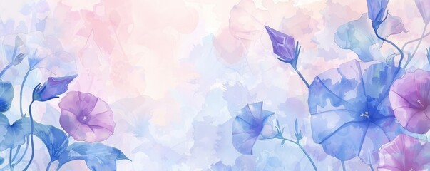 Watercolor Floral Background - Blue and Purple Flowers on a Soft Pink and White Background