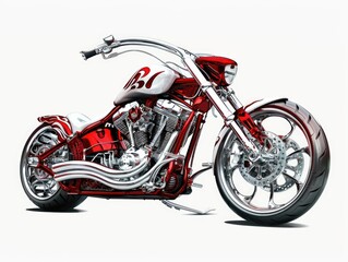 Custom Engine Chopper Bike in White and Red Isolated on Abstract Background