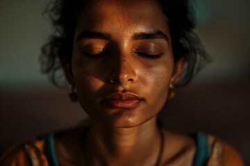 A woman with closed eyes meditates peacefully, bathed in soft light that caresses her face, creating a serene and tranquil atmosphere focused on inner peace.