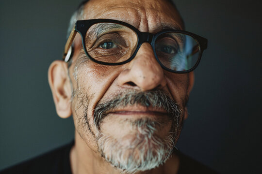 Close-up portrait of an elderly man with glasses and a grey beard, smiling softly, highlighted in a dark background, detailing the features of age and wisdom.
