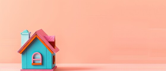 Colorful miniature house against a pink backdrop symbolizing real estate or home concepts in a playful and creative manner.