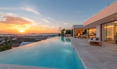 Fototapeta premium Modern Villa with Infinity Pool overlooking a breathtaking sunset