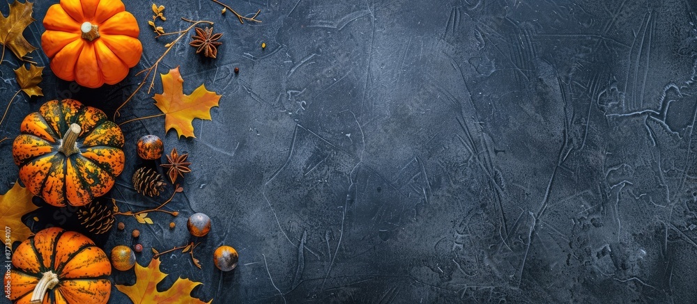 Wall mural top view of a pumpkin themed decor with space for text or images. copy space image. place for adding
