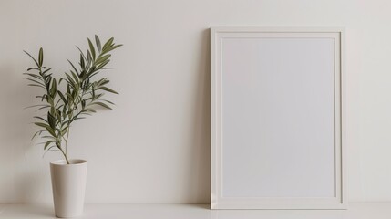White Frame Mockup with Plant on White Table